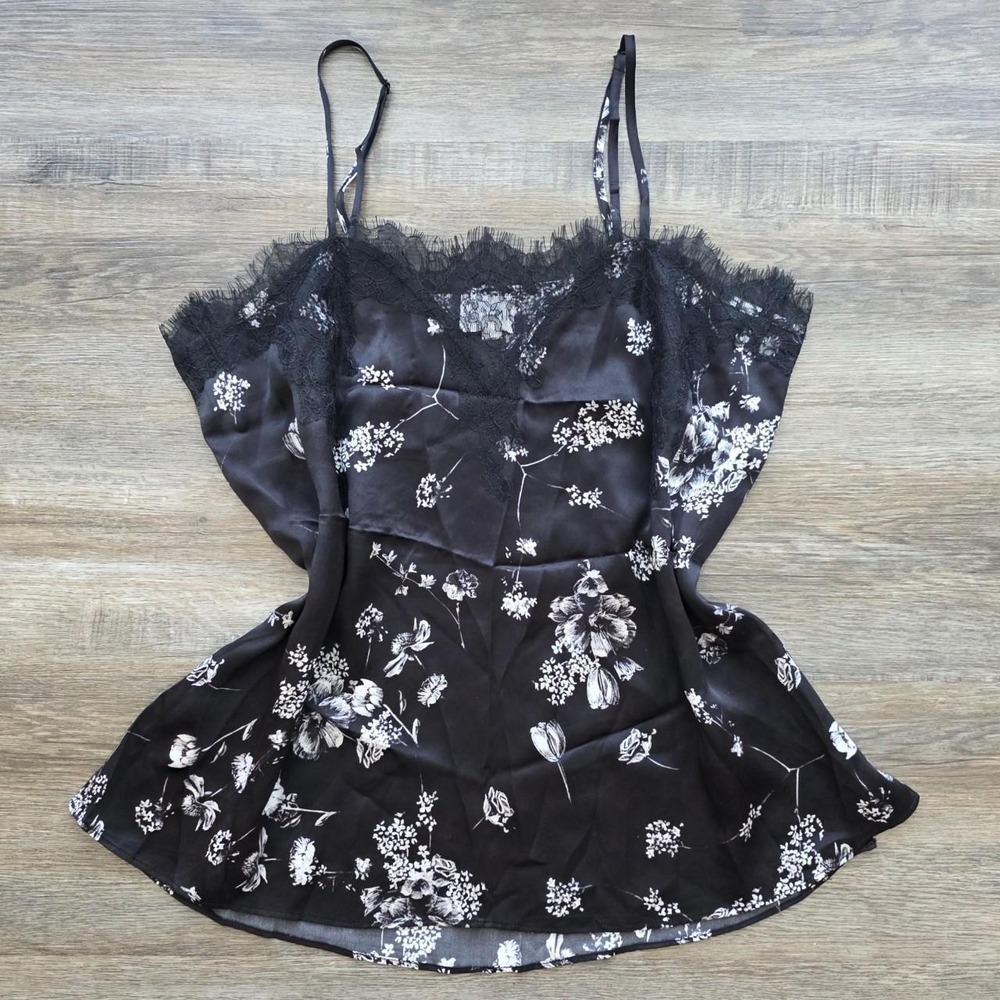 CAMI NYC Stone Floral Silk Lace Trim Camisole Tank Top Black White Large